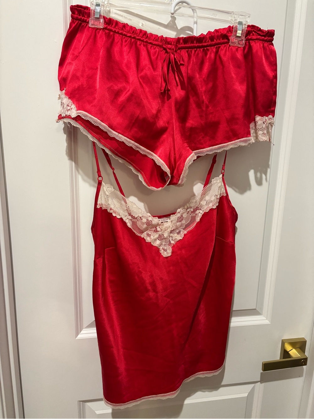 Victoria’s Secret Red with White Lace Satin Camisole and Satin Lace Shorts M